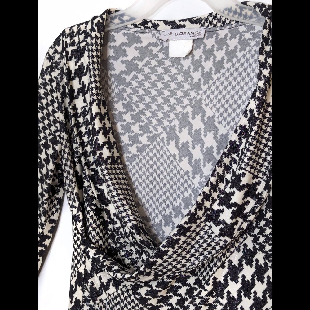 Shimmery JUS D'ORANGE Paris Size S Multi Houndstooth Faux Wrap Stretch Blouse - Picture 2 of 5